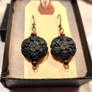 New Handmade Carved Black Resin & Brass Earrings